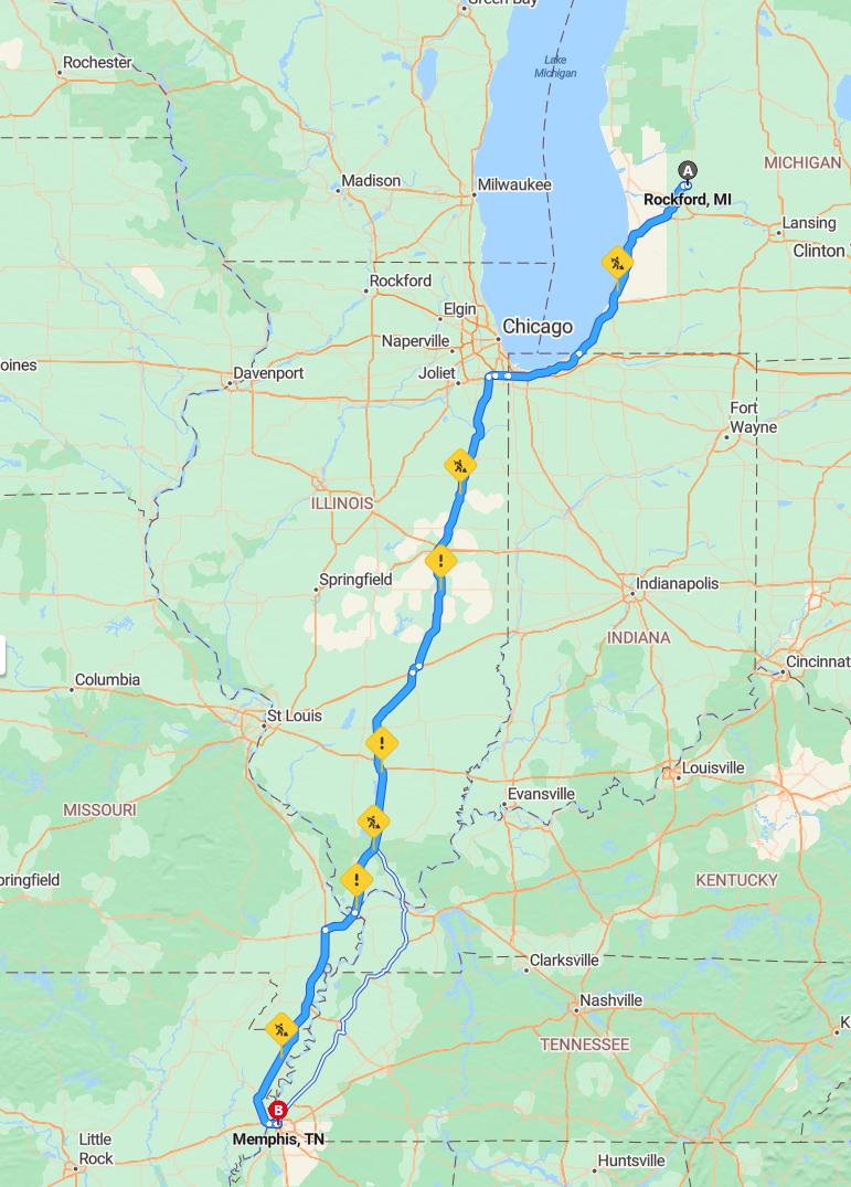 driving from Rockford, Michigan to MemphisTennessee - map and route