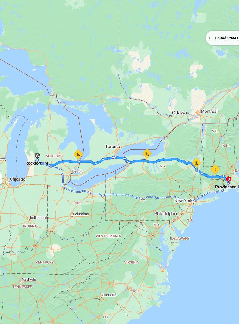 driving from Rockford, Michigan to ProvidenceRhode Island - map and route