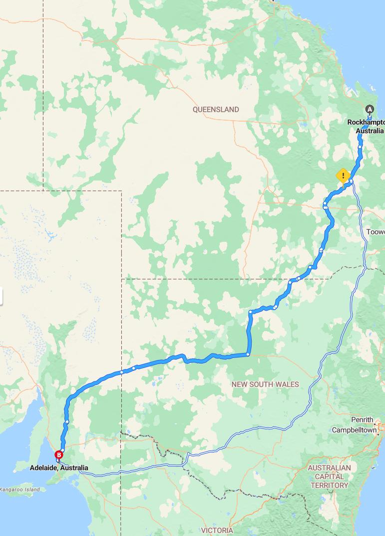 driving from Rockhampton, Queensland to AdelaideSouth Australia - map and route