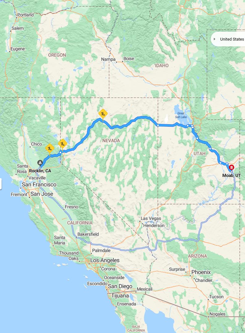 driving from Rocklin, California to MoabUtah - map and route