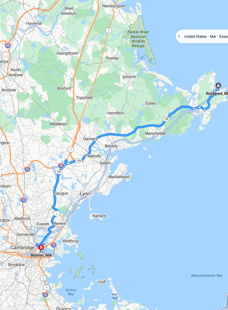 driving from Rockport, Massachusetts to BostonMassachusetts - map and route