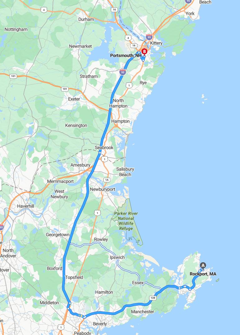 driving from Rockport, Massachusetts to PortsmouthNew Hampshire - map and route