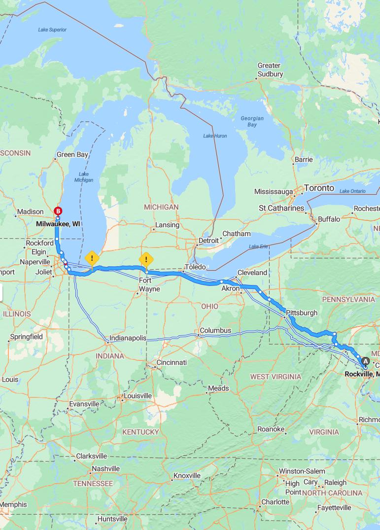 driving from Rockville, Maryland to MilwaukeeWisconsin - map and route