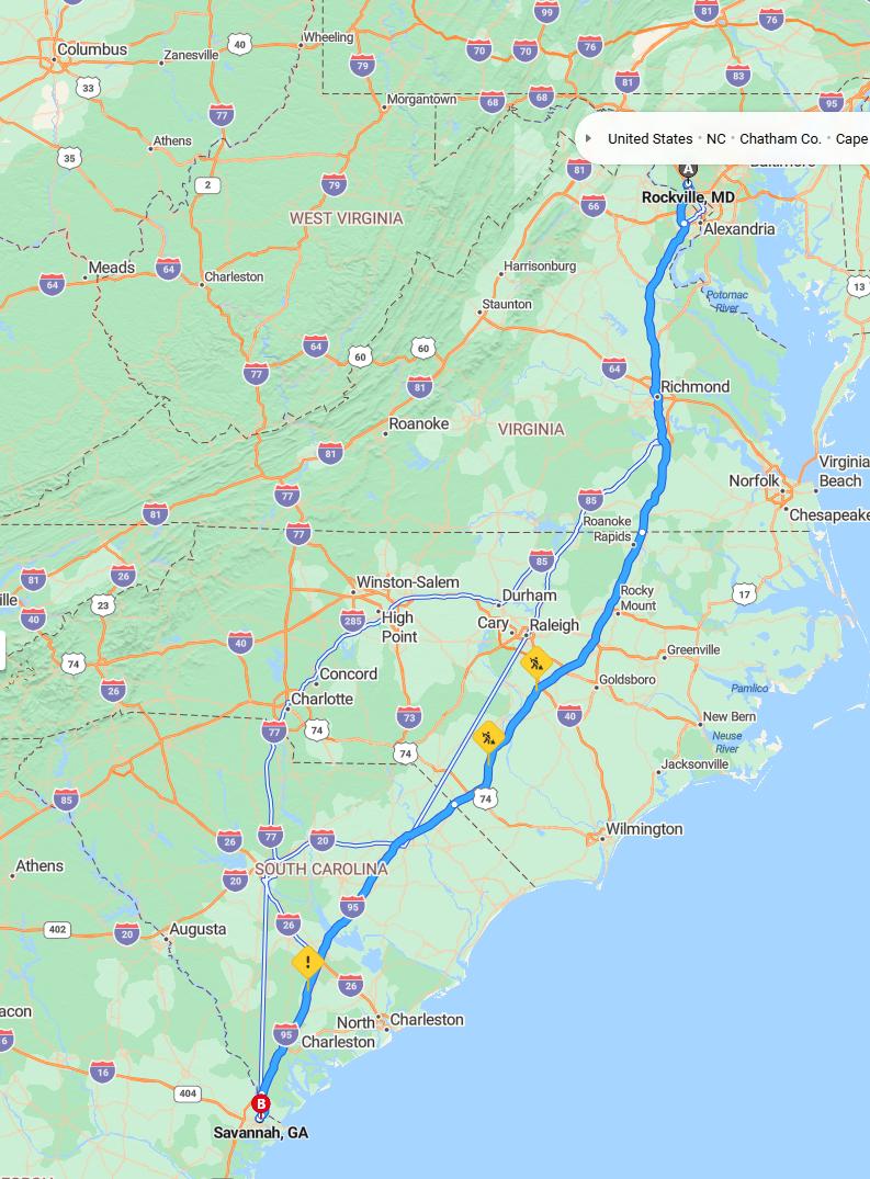 driving from Rockville, Maryland to SavannahGeorgia - map and route