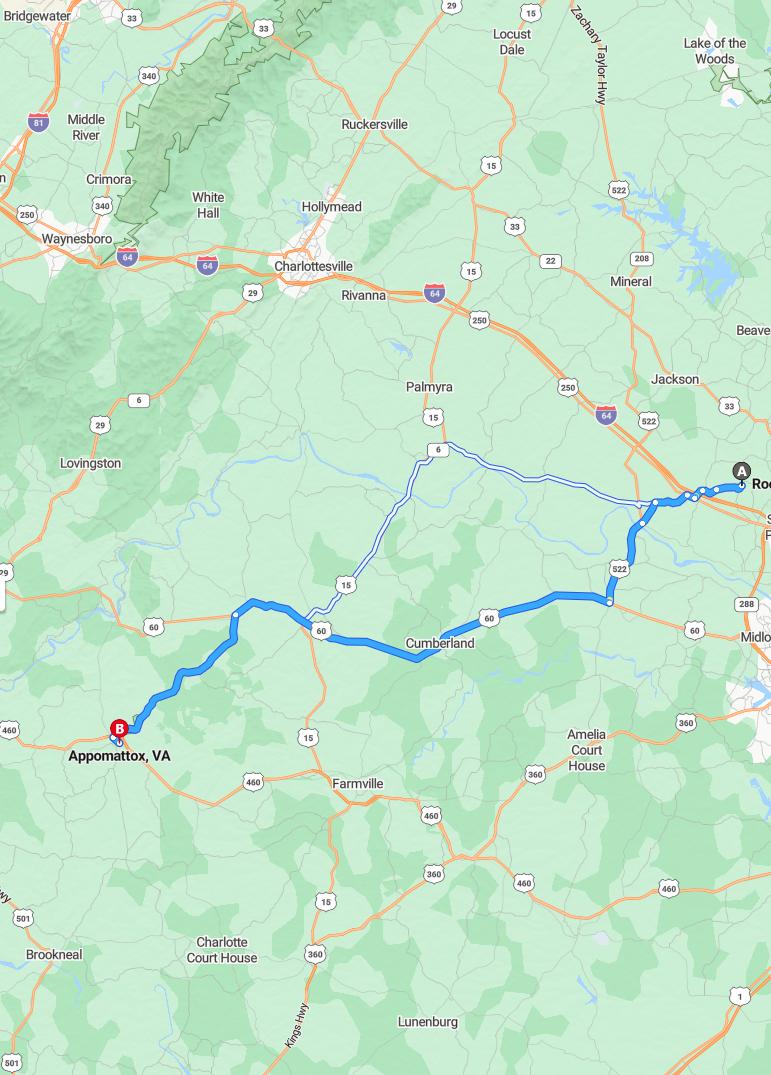 driving from Rockville, Virginia to AppomattoxVirginia - map and route