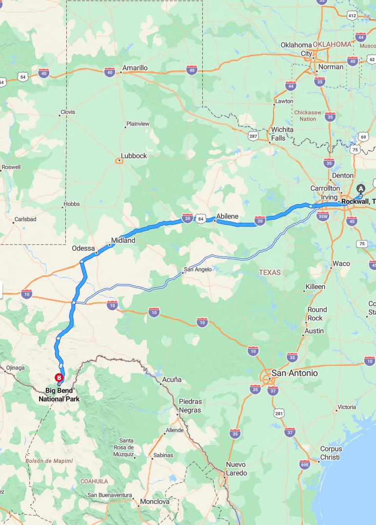 driving from Rockwall, Texas to Big BendTexas - map and route
