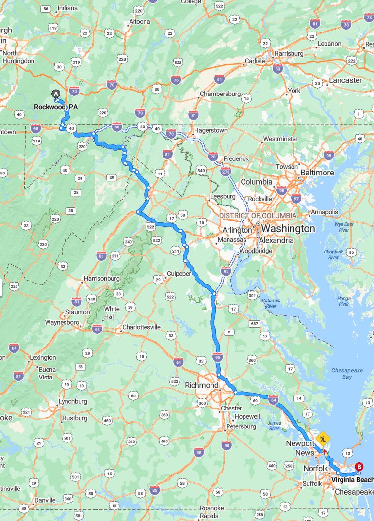 driving from Rockwood, Pennsylvania to Virginia BeachVirginia - map and route