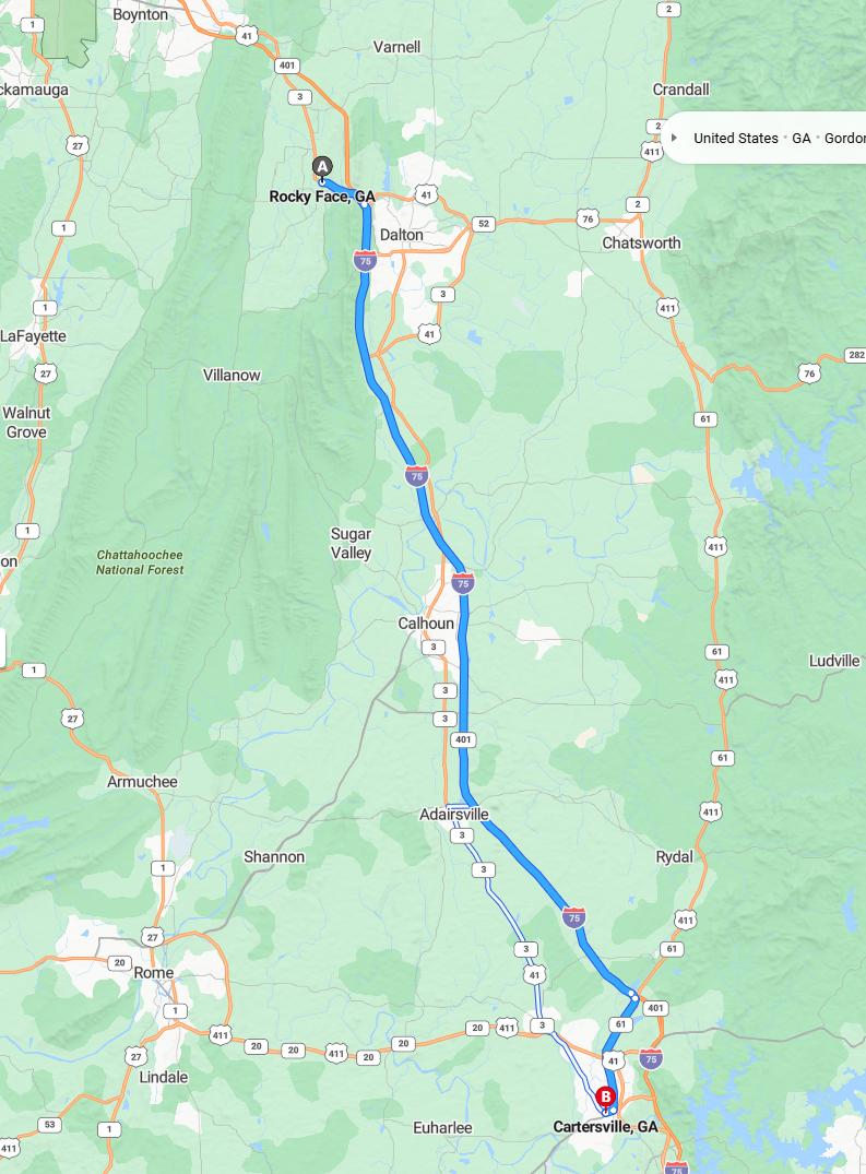 driving from Rocky Face, Georgia to CartersvilleGeorgia - map and route