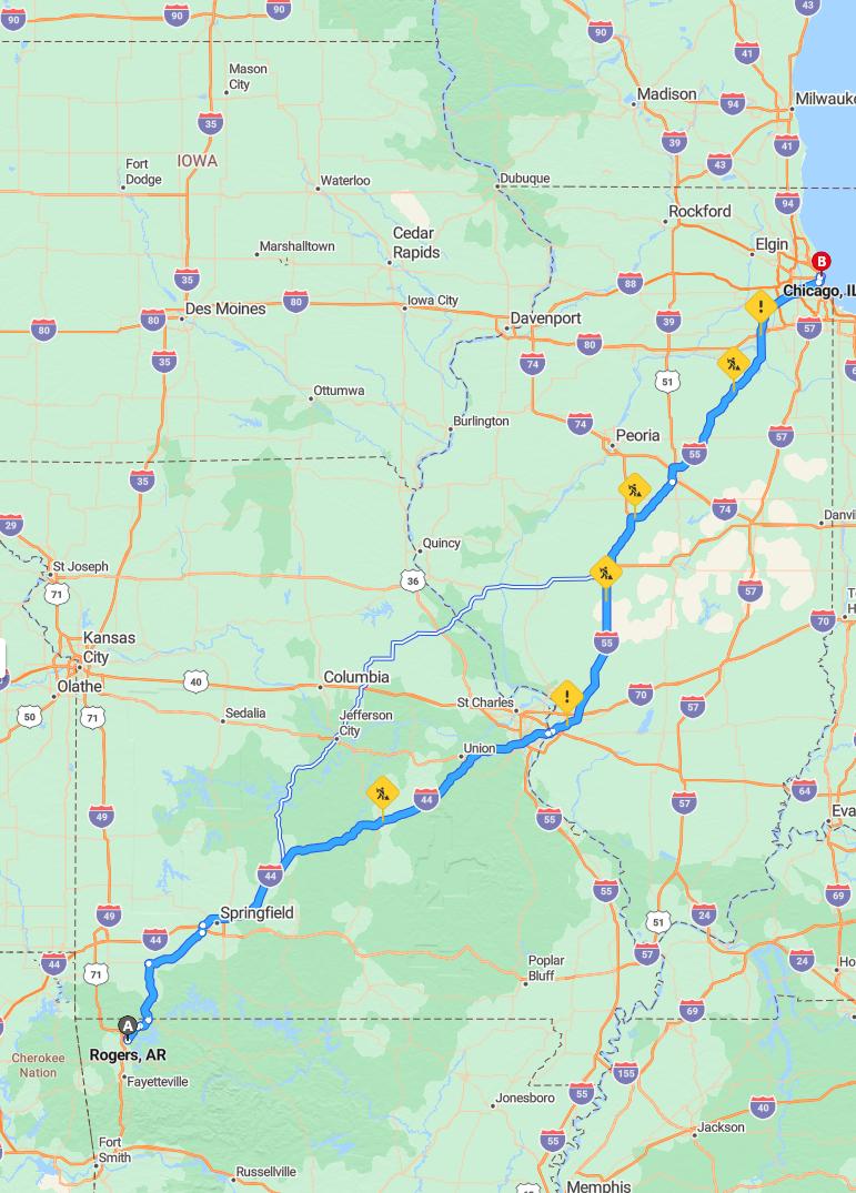 driving from Rogers, Arkansas to ChicagoIllinois - map and route