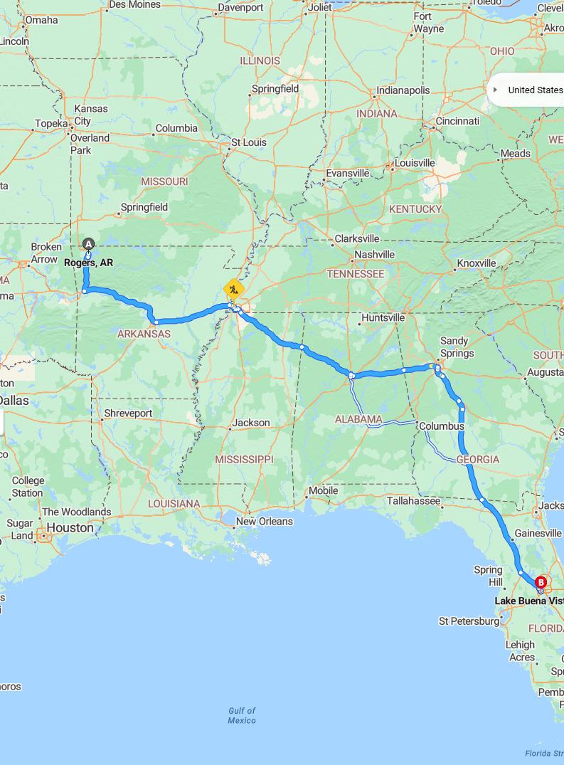 driving from Rogers, Arkansas to Lake Buena VistaFlorida - map and route