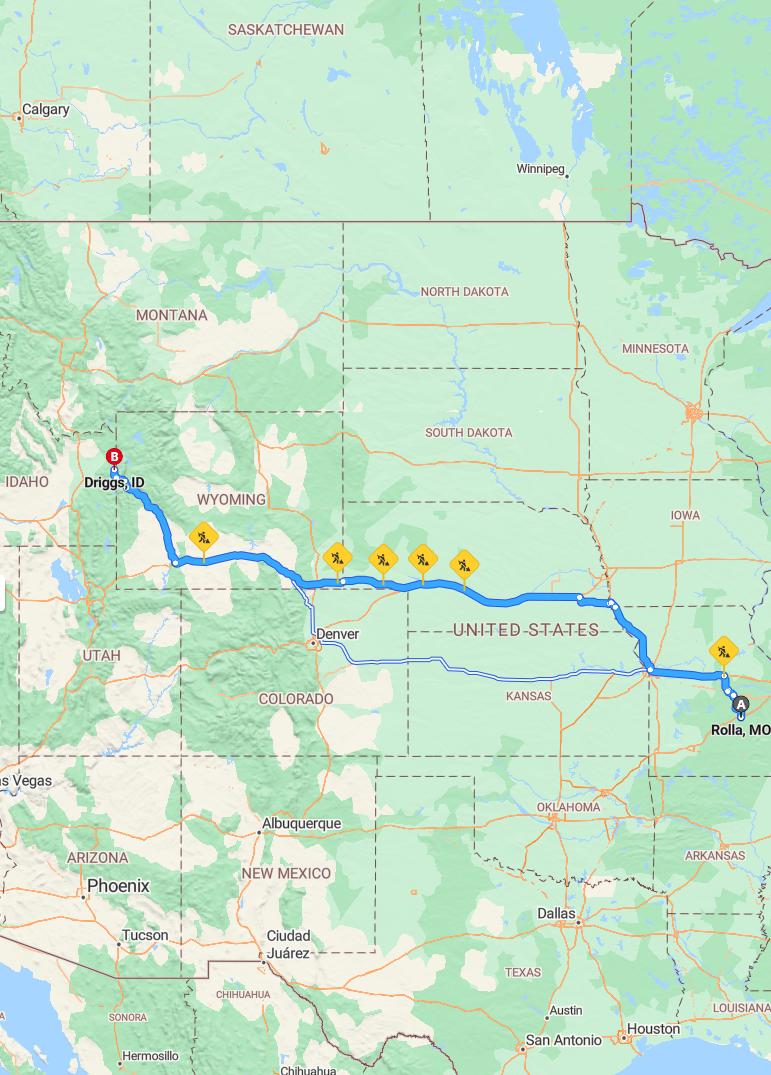 driving from Rolla, Missouri to DriggsIdaho - map and route