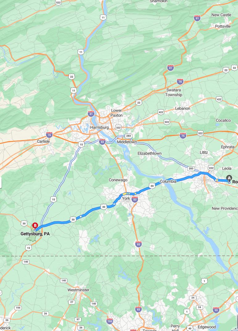 driving from Ronks, Pennsylvania to GettysburgPennsylvania - map and route