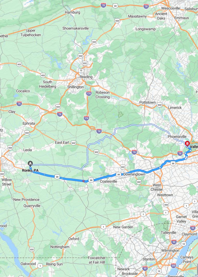 driving from Ronks, Pennsylvania to Valley ForgePennsylvania - map and route