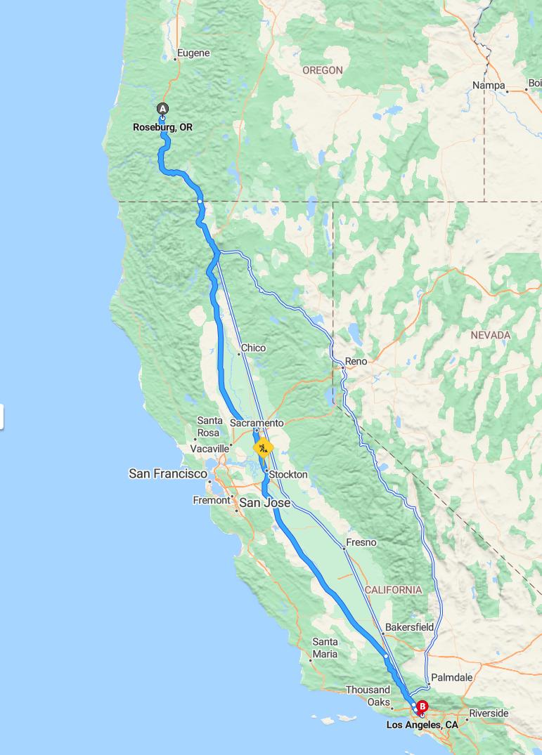 driving from Roseburg, Oregon to Los AngelesCalifornia - map and route