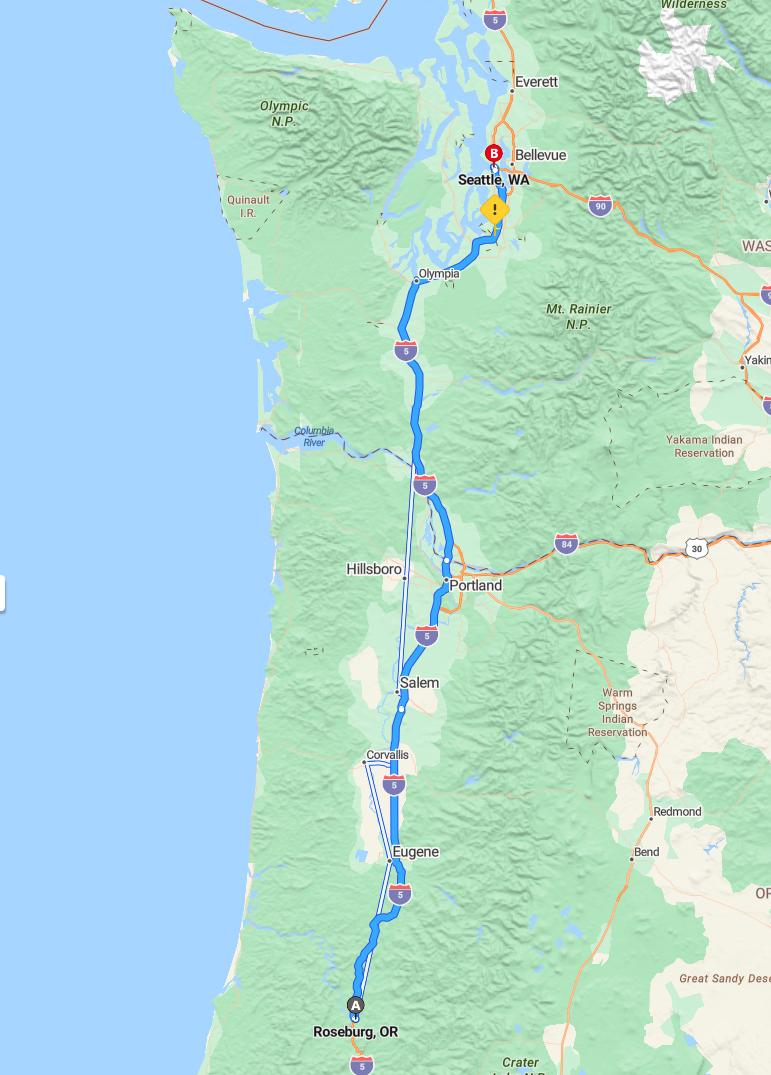 driving from Roseburg, Oregon to SeattleWashington - map and route