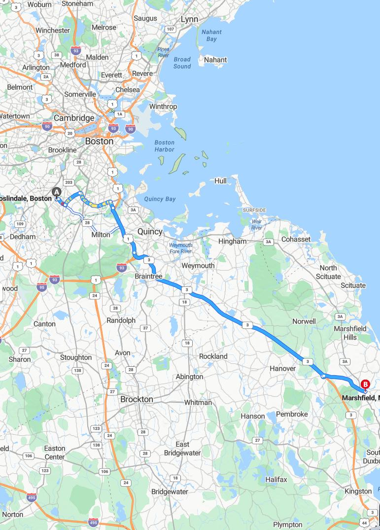 driving from Roslindale, Massachusetts to MarshfieldMassachusetts - map and route