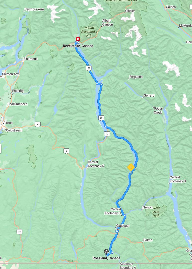 driving from Rossland, British Columbia to RevelstokeBritish Columbia - map and route