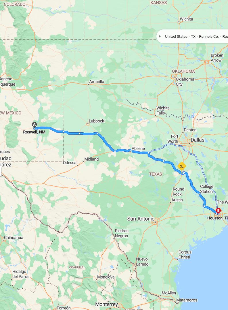 driving from Roswell, New Mexico to HoustonTexas - map and route