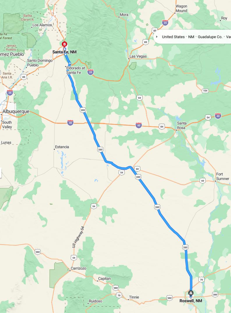 driving from Roswell, New Mexico to Santa FeNew Mexico - map and route