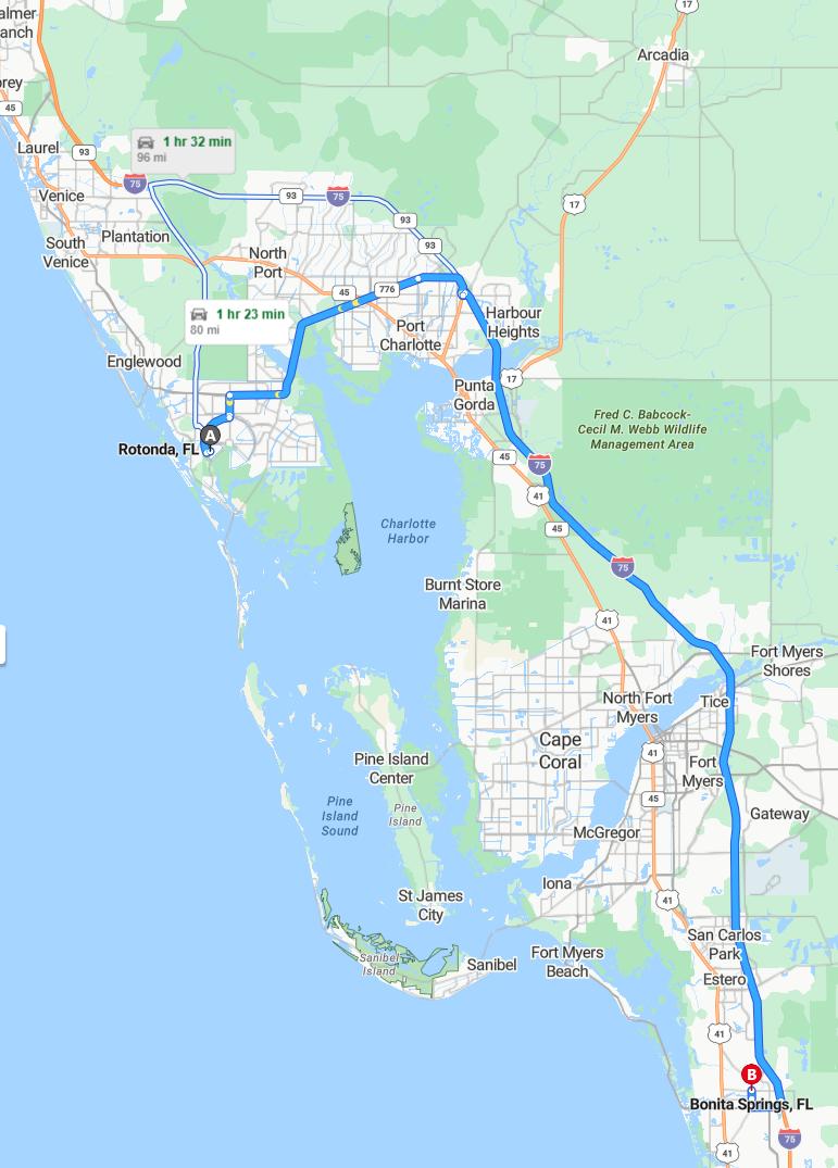 driving from Rotonda West, Florida to Bonita SpringsFlorida - map and route