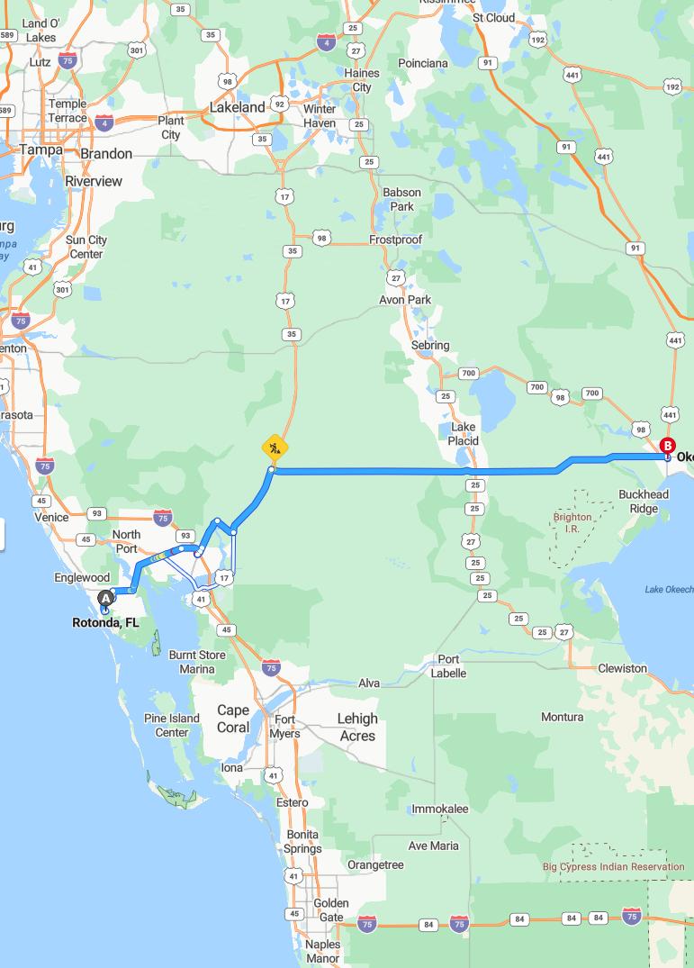 driving from Rotonda West, Florida to OkeechobeeFlorida - map and route