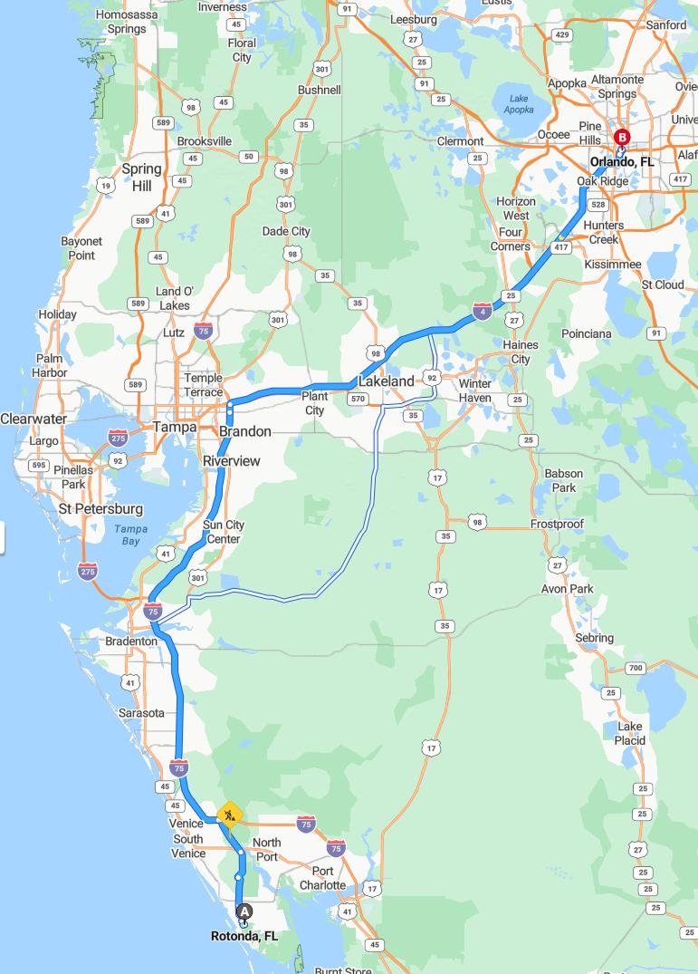 driving from Rotonda West, Florida to OrlandoFlorida - map and route