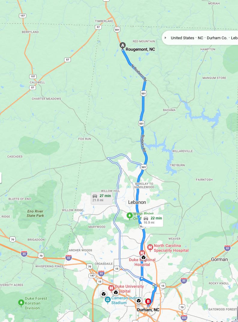 driving from Rougemont, North Carolina to DurhamNorth Carolina - map and route