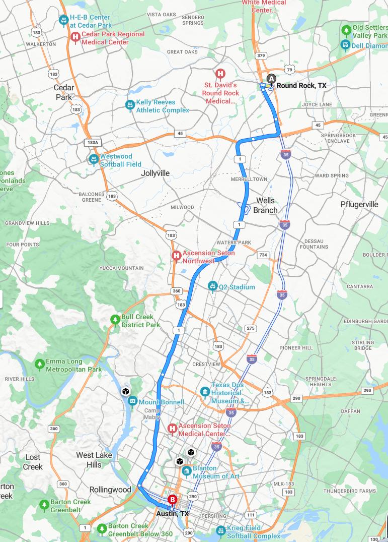 driving from Round Rock, Texas to AustinTexas - map and route