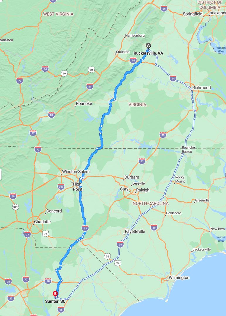 driving from Ruckersville, Virginia to SumterSouth Carolina - map and route
