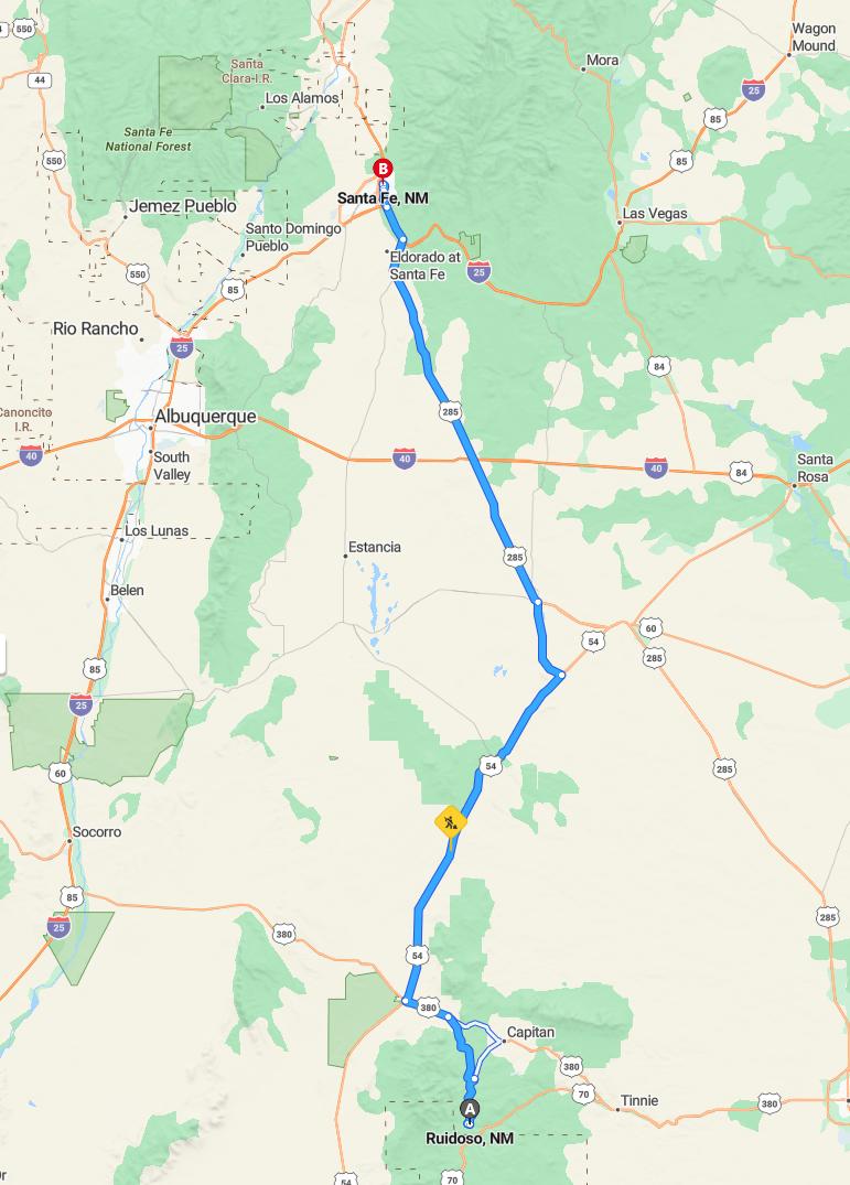 driving from Ruidoso, New Mexico to Santa FeNew Mexico - map and route