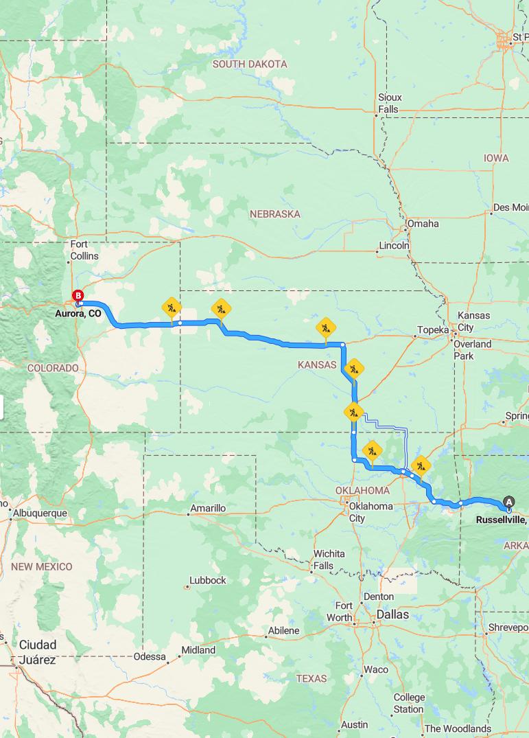driving from Russellville, Arkansas to AuroraColorado - map and route