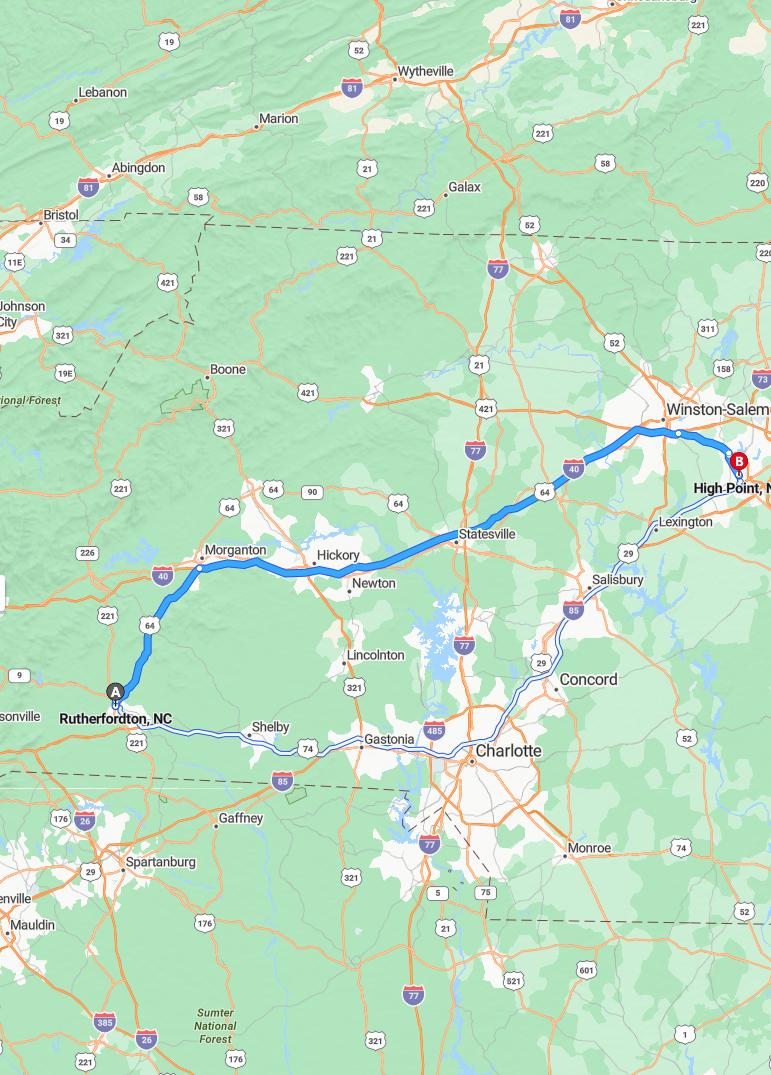 driving from Rutherfordton, North Carolina to High PointNorth Carolina - map and route