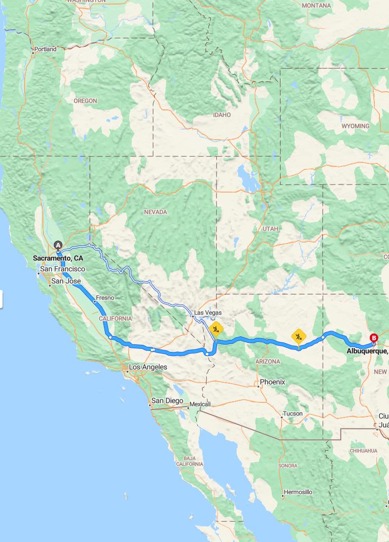 driving from Sacramento, California to AlbuquerqueNew Mexico - map and route