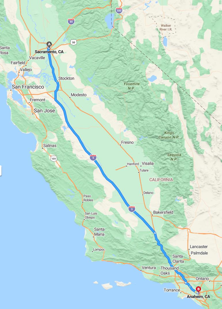 driving from Sacramento, California to AnaheimCalifornia - map and route