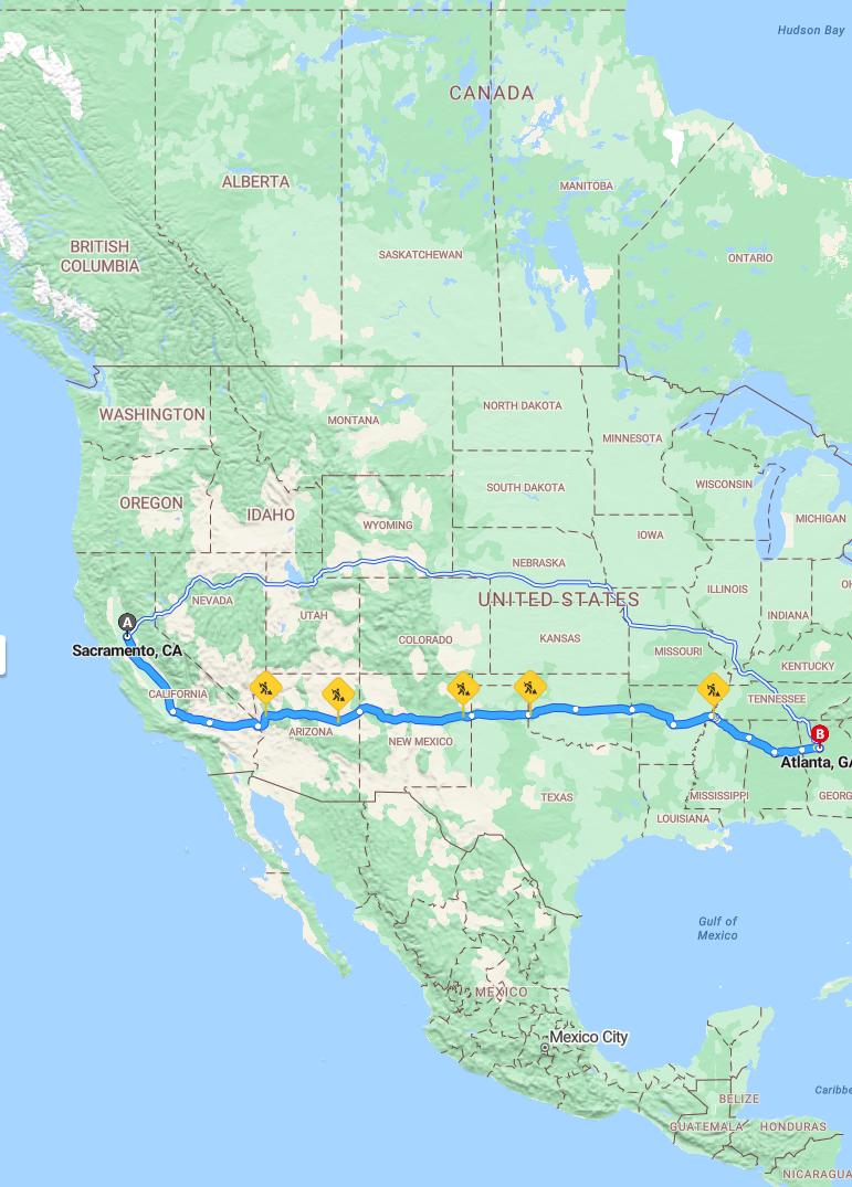 driving from Sacramento, California to AtlantaGeorgia - map and route