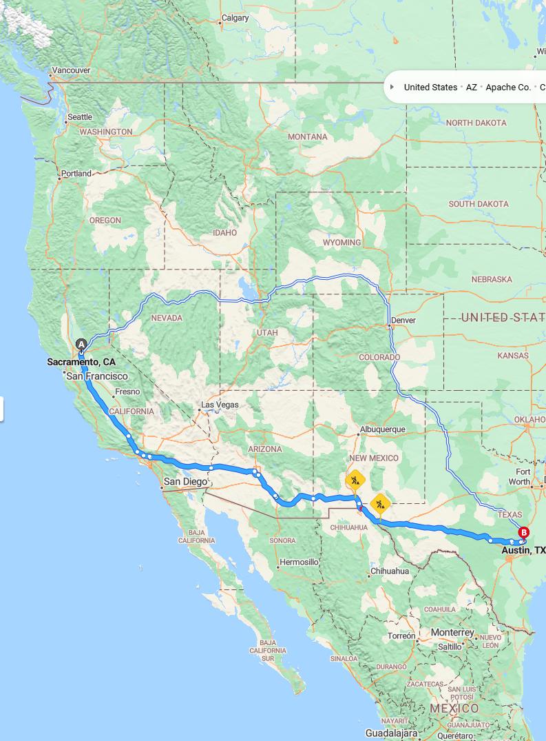 driving from Sacramento, California to AustinTexas - map and route