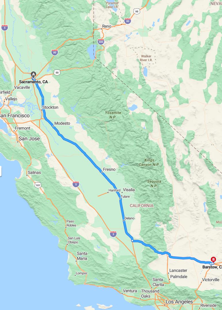 driving from Sacramento, California to BarstowCalifornia - map and route