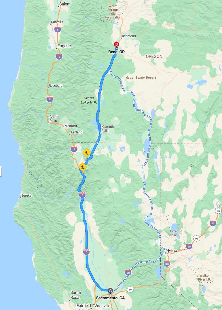 driving from Sacramento, California to BendOregon - map and route