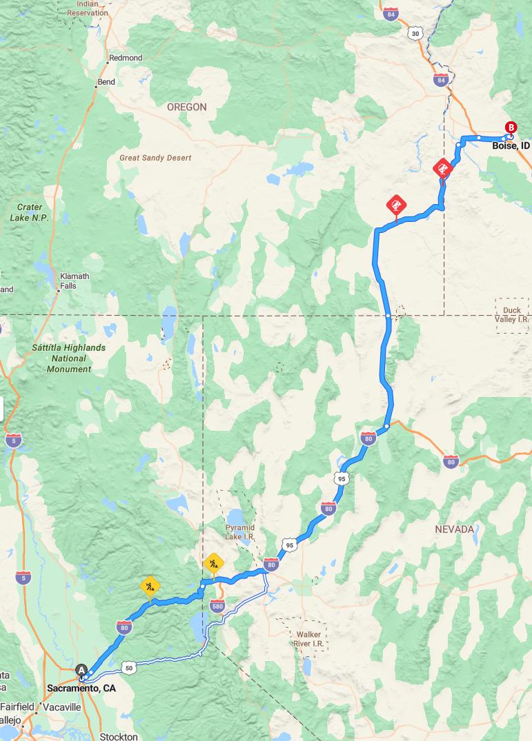 driving from Sacramento, California to BoiseIdaho - map and route
