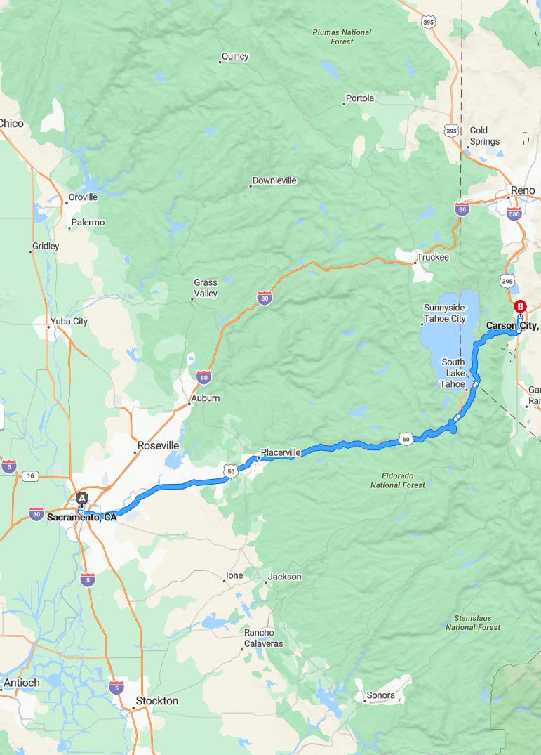 driving from Sacramento, California to Carson CityNevada - map and route