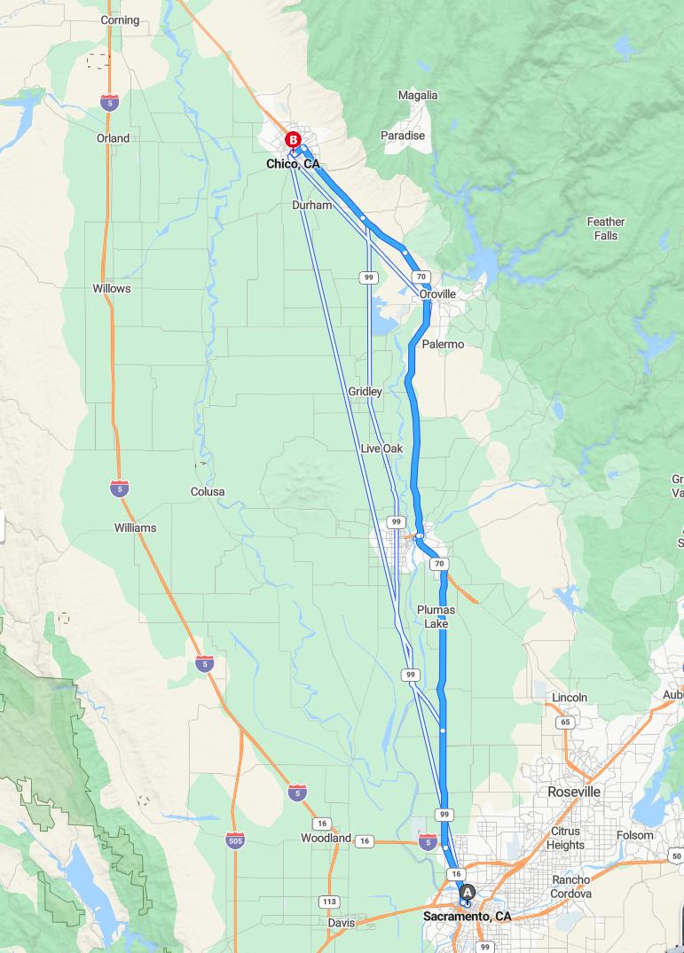 driving from Sacramento, California to ChicoCalifornia - map and route