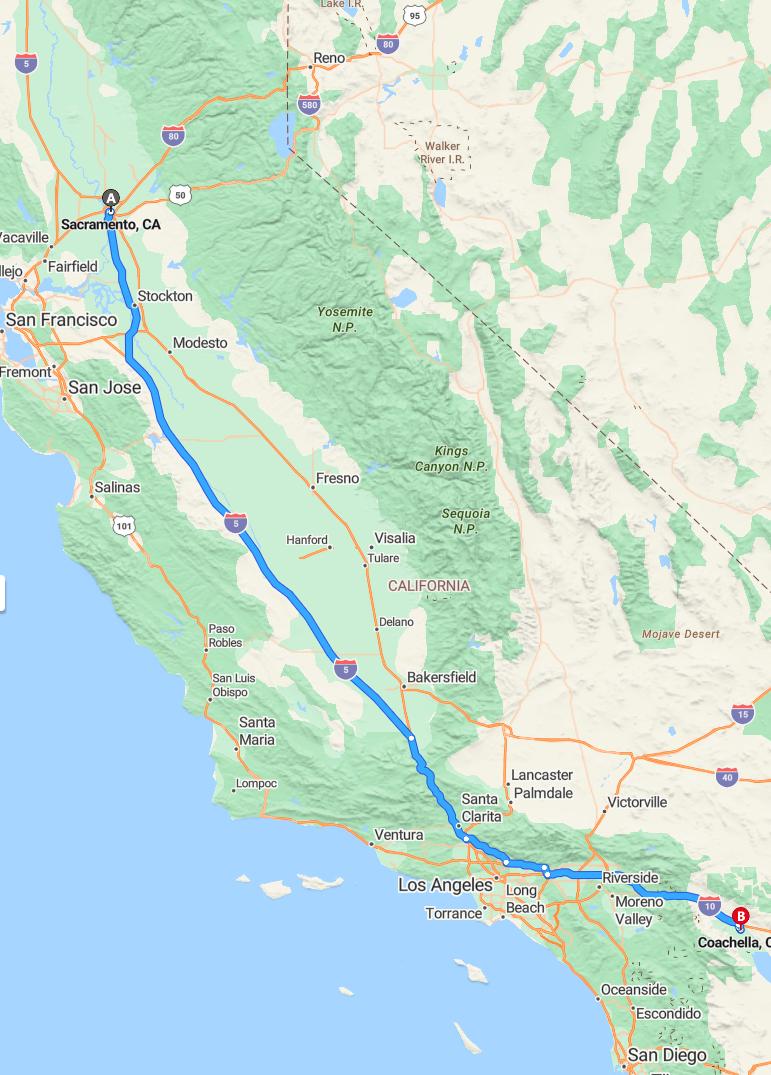 driving from Sacramento, California to CoachellaCalifornia - map and route