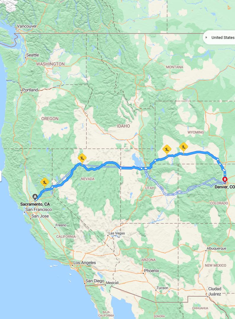 driving from Sacramento, California to DenverColorado - map and route