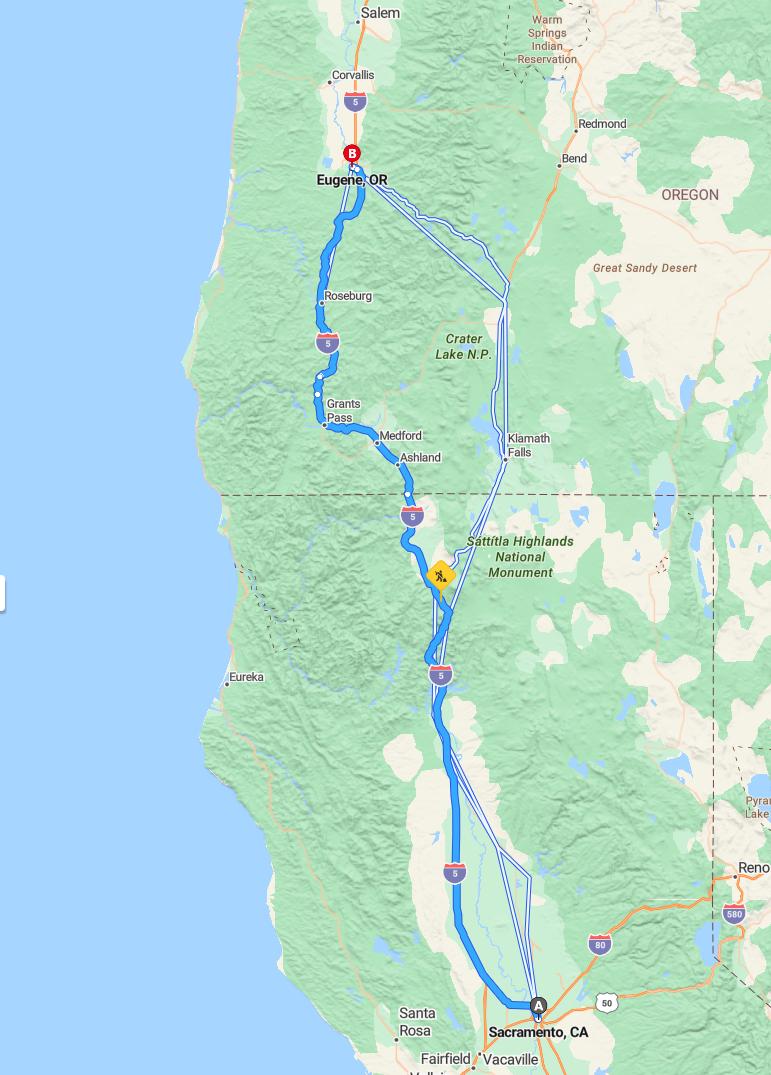 driving from Sacramento, California to EugeneOregon - map and route