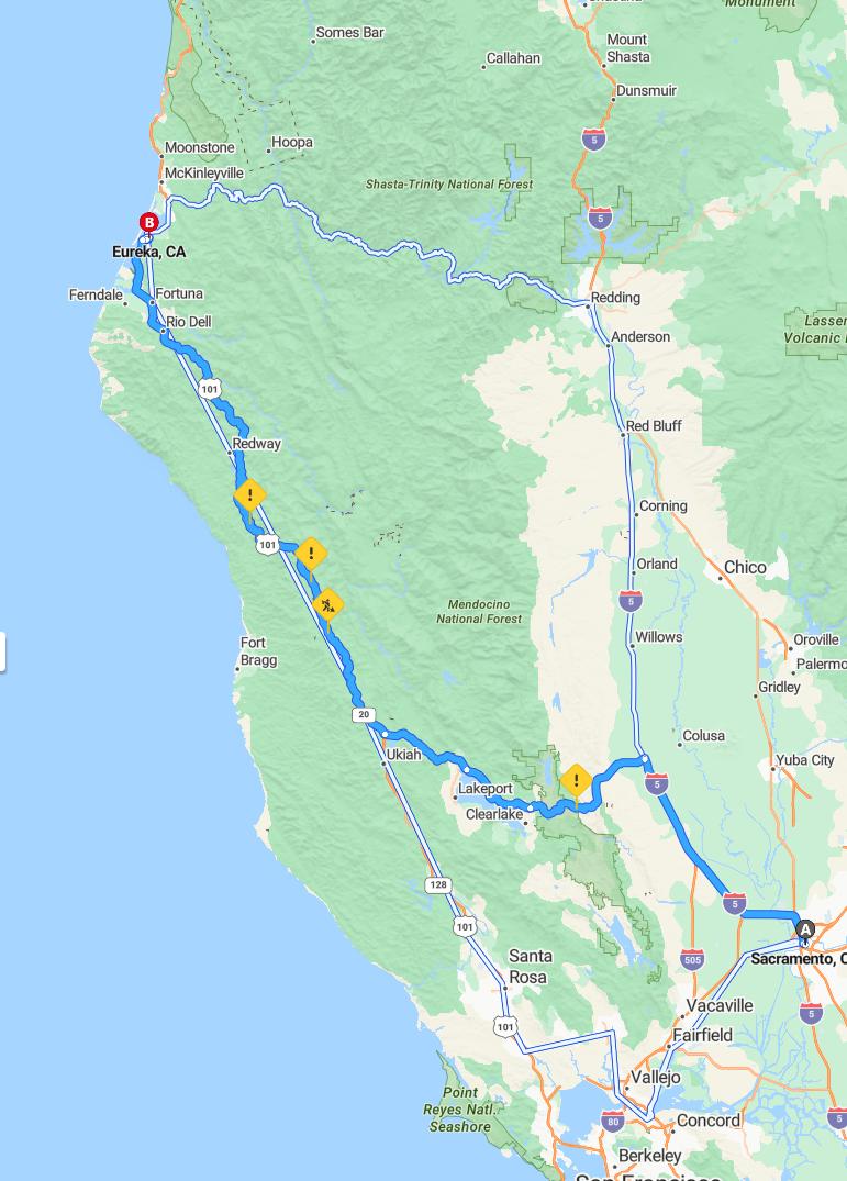 driving from Sacramento, California to EurekaCalifornia - map and route
