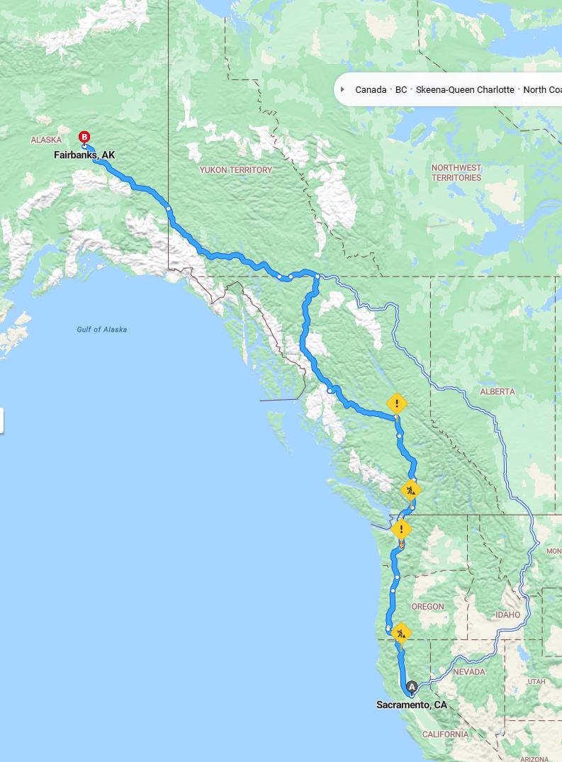 driving from Sacramento, California to FairbanksAlaska - map and route