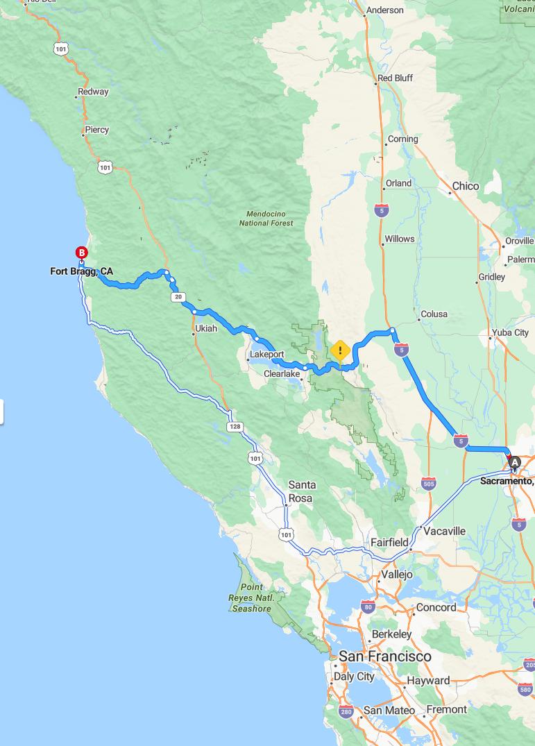 driving from Sacramento, California to Fort BraggCalifornia - map and route