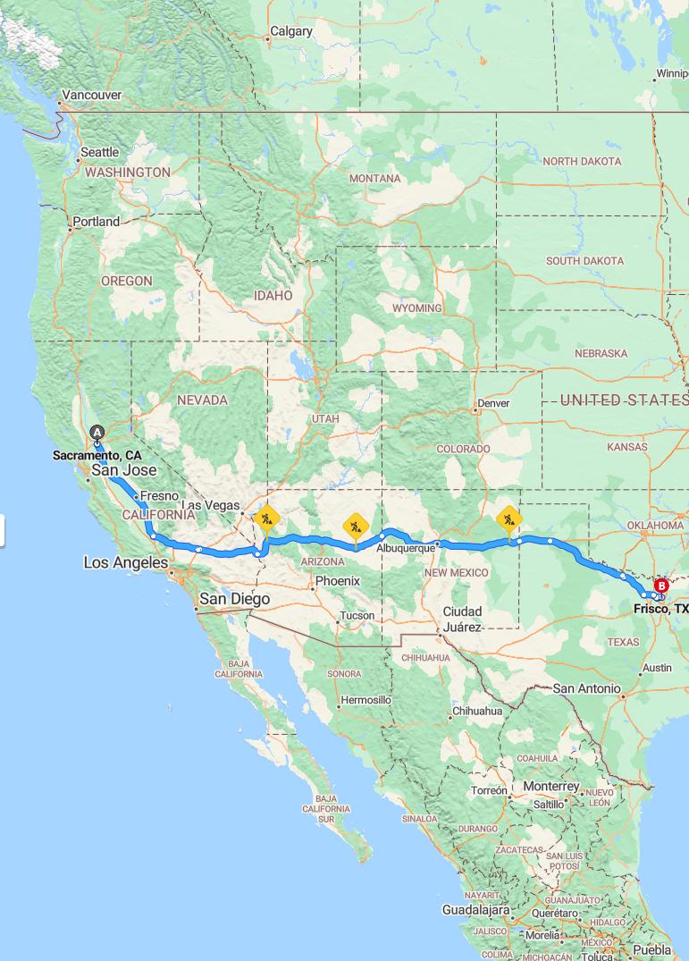 driving from Sacramento, California to FriscoTexas - map and route