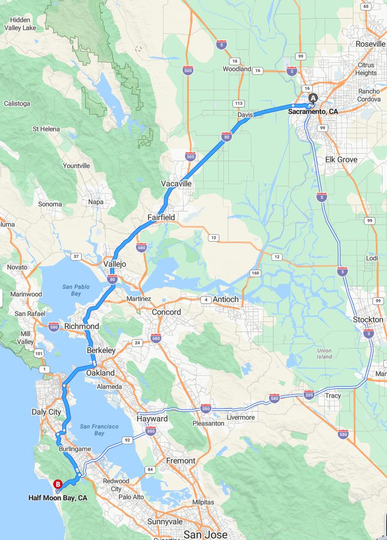 driving from Sacramento, California to Half Moon BayCalifornia - map and route