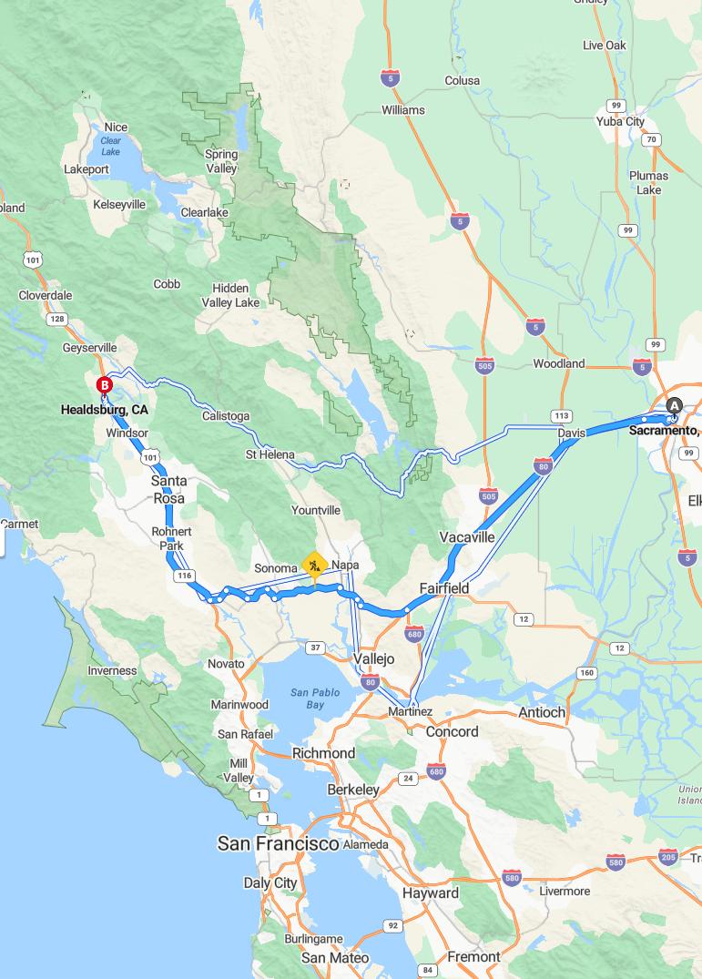 driving from Sacramento, California to HealdsburgCalifornia - map and route